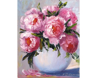 Peony Painting Floral Original Art Pink Flowers Oil Artwork (8x10)