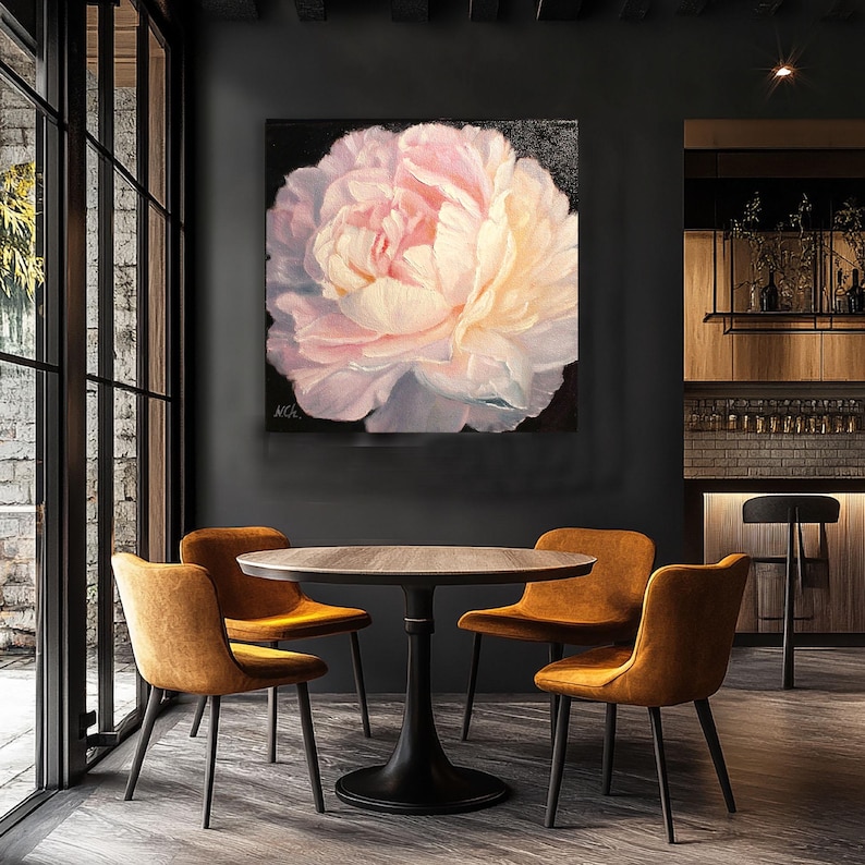 Peony oil painting. A close-up of a single, pale pink peony flower with a white center. The flower is painted in a realistic style with visible brushstrokes. The background is black.