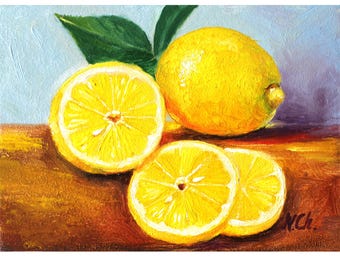 Lemon Painting Kitchen Original Art Citrus Small Wall Oil Artwork 5x7 inches