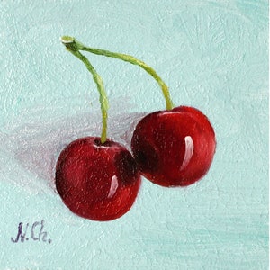 Cherry Painting Kitchen Artwork Original Painting Fruit Wall Art Oil Small Art Kitchen Decor