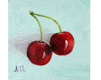 Cherry Painting Kitchen Original Art Minimalist Oil Artwork Small Wall Art Decor(4x4 inch)