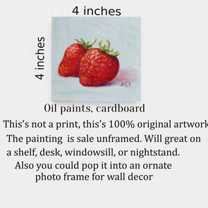 Strawberry oil painting. Original oil painting on cardboard of two red strawberries on a light blue background. The painting is 4 inches by 4 inches.