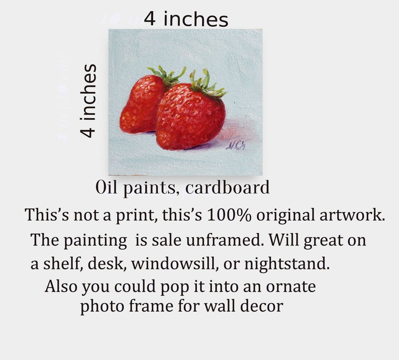 Strawberry oil painting. Original oil painting on cardboard of two red strawberries on a light blue background. The painting is 4 inches by 4 inches.