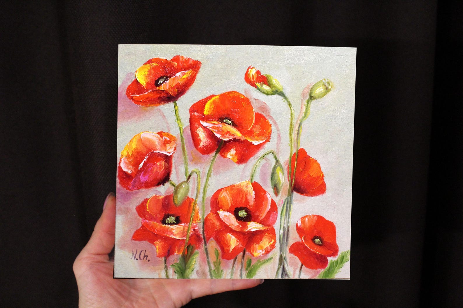 California Poppy Oil Painting: Original Art Red Floral Artwork (8x8 ...