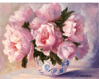 Peony Painting Flower Original Art Pink Floral Textured Oil Artwork