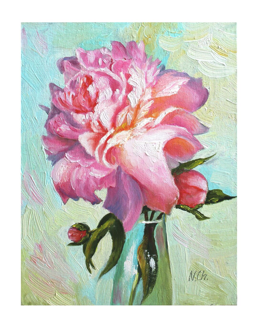 Peony Painting Floral Original Art Pink Flower Oil Artwork Canvas (7x9 ...