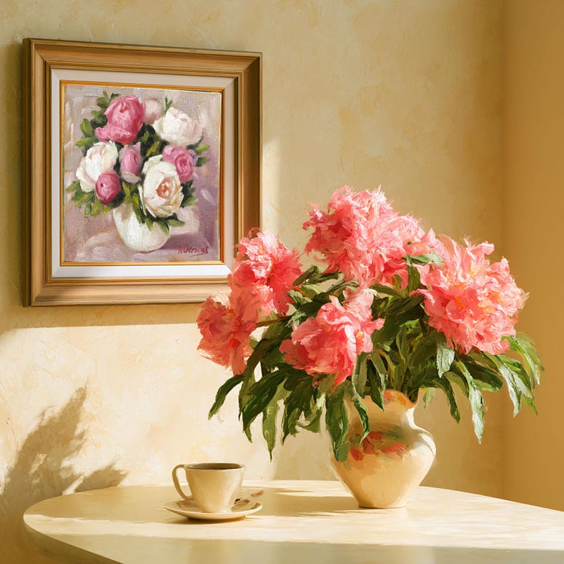Peony oil painting original of a bouquet of peonies in a round white vase. The flowers are a mix of white and pink, with green leaves. The background is light and warm. The artist's signature is in the bottom right corner.