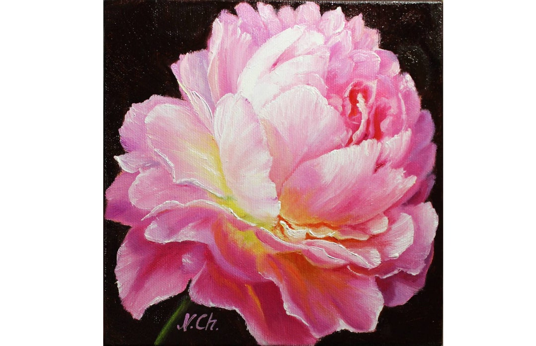 Peony Painting Floral Original Art Pink Flower Wall Art Oil Black ...