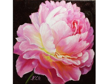 Peony Painting Floral Original Art Pink Flower Wall Art Oil Black Canvas 8x8 inches