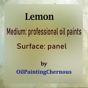 Lemon oil painting. A yellow lemon with a green leaf, painted in oil on a light blue background. The artist's signature, "N.Ch.", is in the lower right corner.