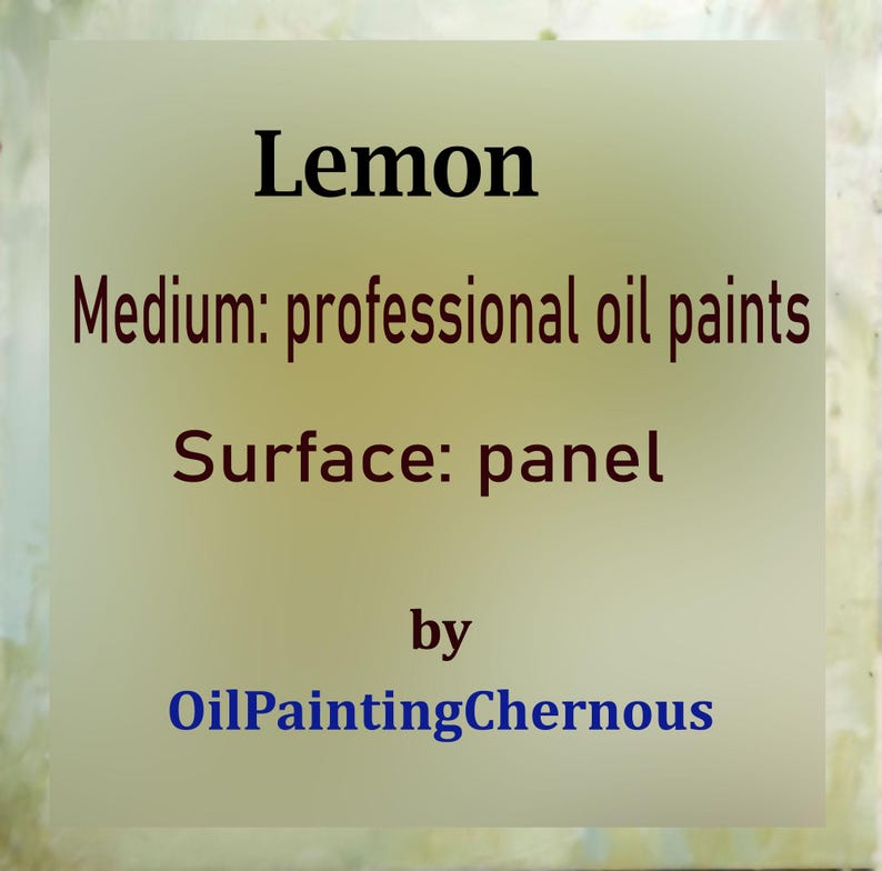 Lemon oil painting. A yellow lemon with a green leaf, painted in oil on a light blue background. The artist's signature, "N.Ch.", is in the lower right corner.