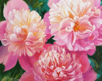 Peony Painting Floral Oil Original Art Pink Peonies Romantic Wall Decor