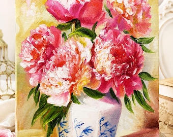 Pink Peony Oil Painting Original Floral Wall Art Cottagecore Canvas Bouquet Painting 8x10 Handmade