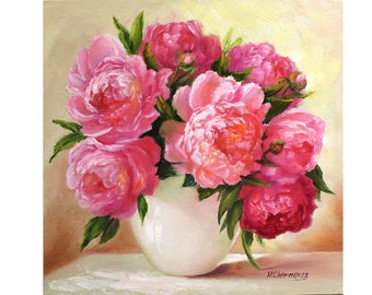 Peony Painting Floral Original Art Pink Bouquet Oil Artwork Romantic Home Decor