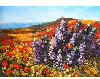 Wildflower Painting Landscape Original Art California Small Wall Art Decor Lupine Oil Artwork 5x7''