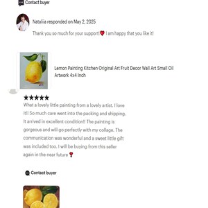 May include: Two oil paintings of lemons. One painting is a close-up of a single lemon with a green leaf, measuring 4x4 inches. The other painting shows three lemons, one sliced, measuring 5x7 inches. The text says "Lemon Painting Kitchen Original Art".
