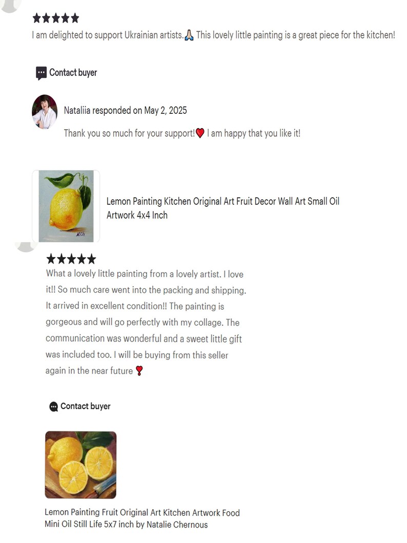 May include: Two oil paintings of lemons. One painting is a close-up of a single lemon with a green leaf, measuring 4x4 inches. The other painting shows three lemons, one sliced, measuring 5x7 inches. The text says "Lemon Painting Kitchen Original Art".