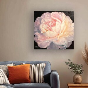 Peony oil painting. A close-up of a single, pale pink peony flower with a white center. The flower is painted in a realistic style with visible brushstrokes. The background is black.