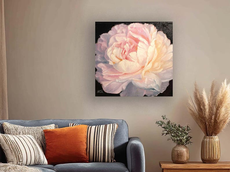 Peony oil painting. A close-up of a single, pale pink peony flower with a white center. The flower is painted in a realistic style with visible brushstrokes. The background is black.