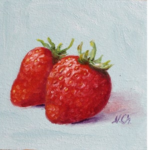 Strawberry Painting Kitchen Original Art Fruit Small Decor Wall Art Oil Artwork 4x4 inch
