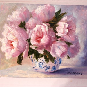 Peony Painting Flower Original Art Floral Wall Art Pink Peonies In Vase Oil Canvas Artwork 8 by 10 inch by N.Chernous image 2