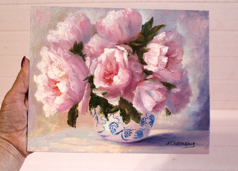 Peony Painting Flower Original Art Floral Wall Art Pink Peonies In Vase Oil Canvas Artwork 8 by 10 inch by N.Chernous image 2