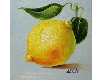 Lemon Painting Kitchen Oil Original Art Fruit Artwork Small Citrus Wall Decor 4x4 Inch