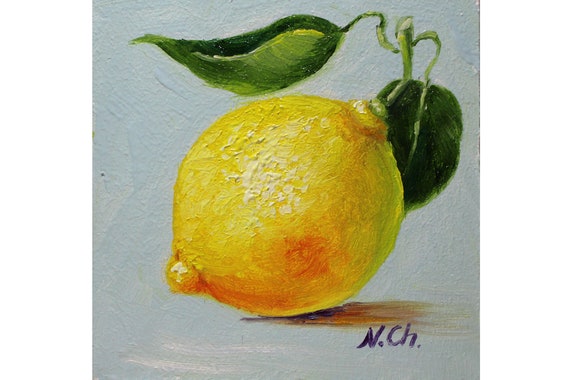 Lemon Painting Kitchen Oil Original Art Fruit Artwork Small Citrus Wall Decor 4x4 Inch