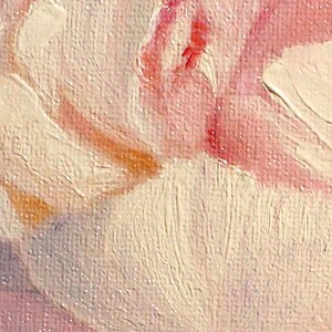 Peony oil painting. A close-up of a single, pale pink peony flower with a white center.