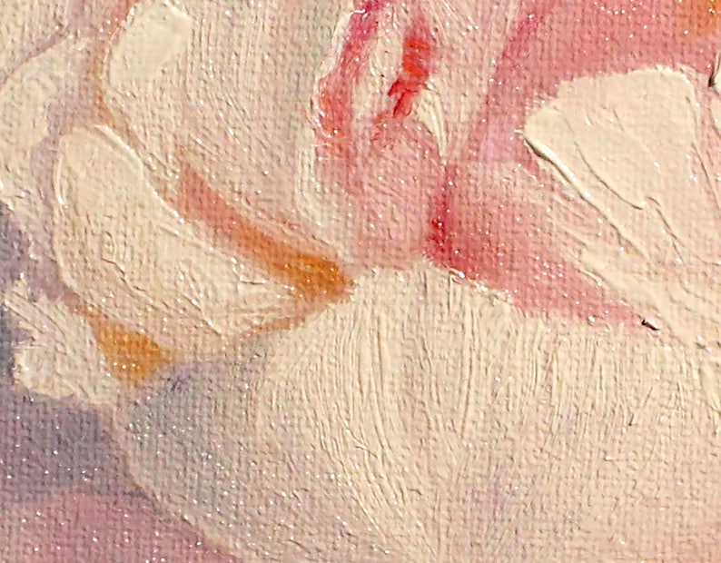 Peony oil painting. A close-up of a single, pale pink peony flower with a white center.
