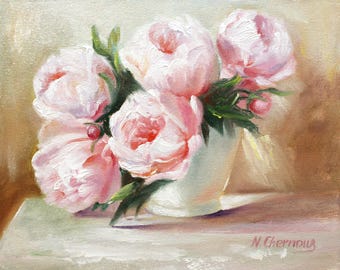 Peonies Painting Floral Original Art Pink Flower Artwork Oil Wall Art Cottagecore Decor