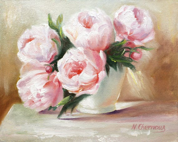 Peonies Painting Floral Original Art Pink Flower Artwork Oil Wall Art Cottagecore Decor