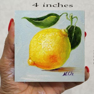 Lemon oil painting. Small lemon art decor 4x4 in. The artist's signature, "N.Ch.", is in the lower right corner.
