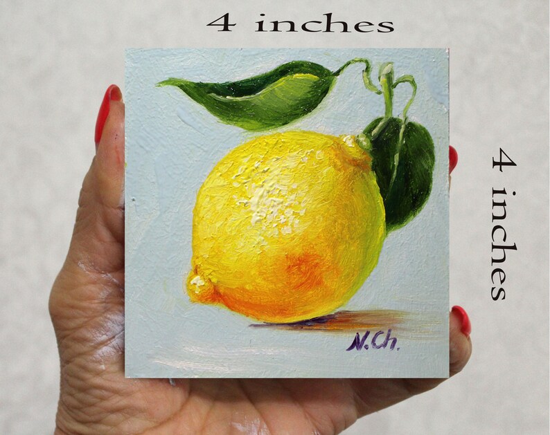 Lemon oil painting. Small lemon art decor 4x4 in. The artist's signature, "N.Ch.", is in the lower right corner.