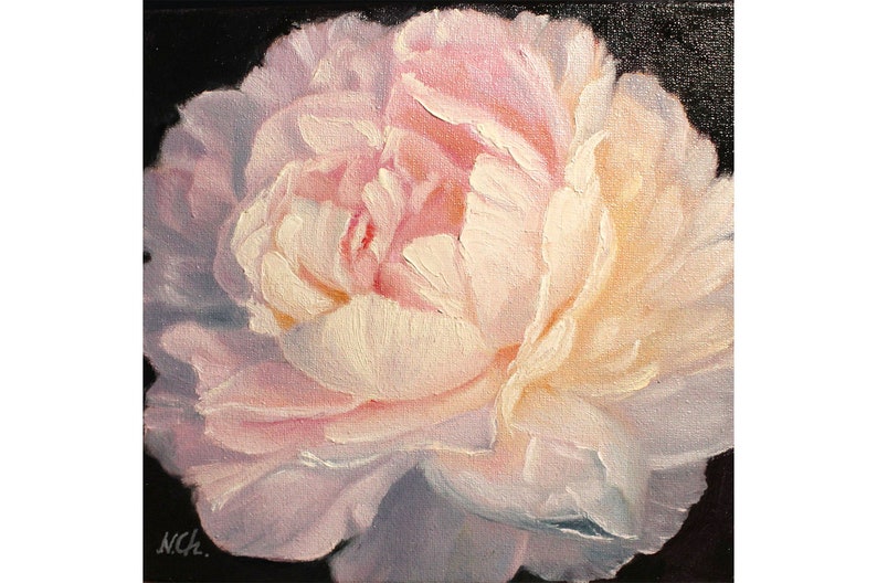 Peony oil painting. A close-up of a single, pale pink peony flower with a white center. The flower is painted in a realistic style with visible brushstrokes. The background is black.