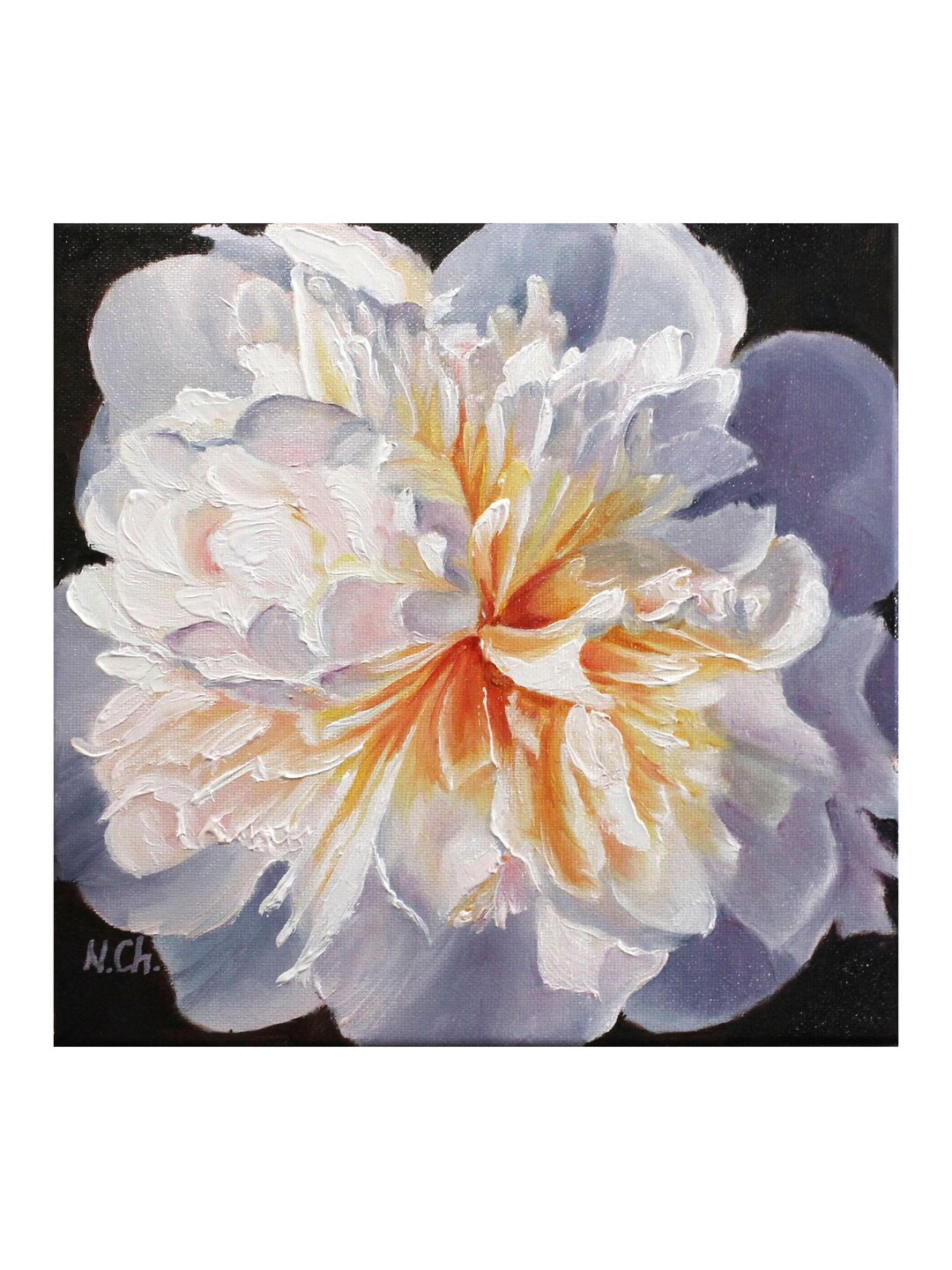 Peony Painting Floral Original Art White Flower on Black Canvas Oil ...