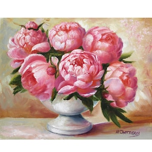 Peony Painting Flower Original Art Pink Peonies In Vase Floral Oil Painting Wall Art 8x10&quot; Impressionist Artwork Gift For Her