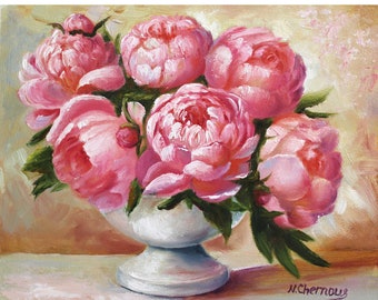 Peony Painting Flower Original Art Pink Peonies In Vase Floral Oil Painting Wall Art 8x10" Impressionist Artwork Gift For Her