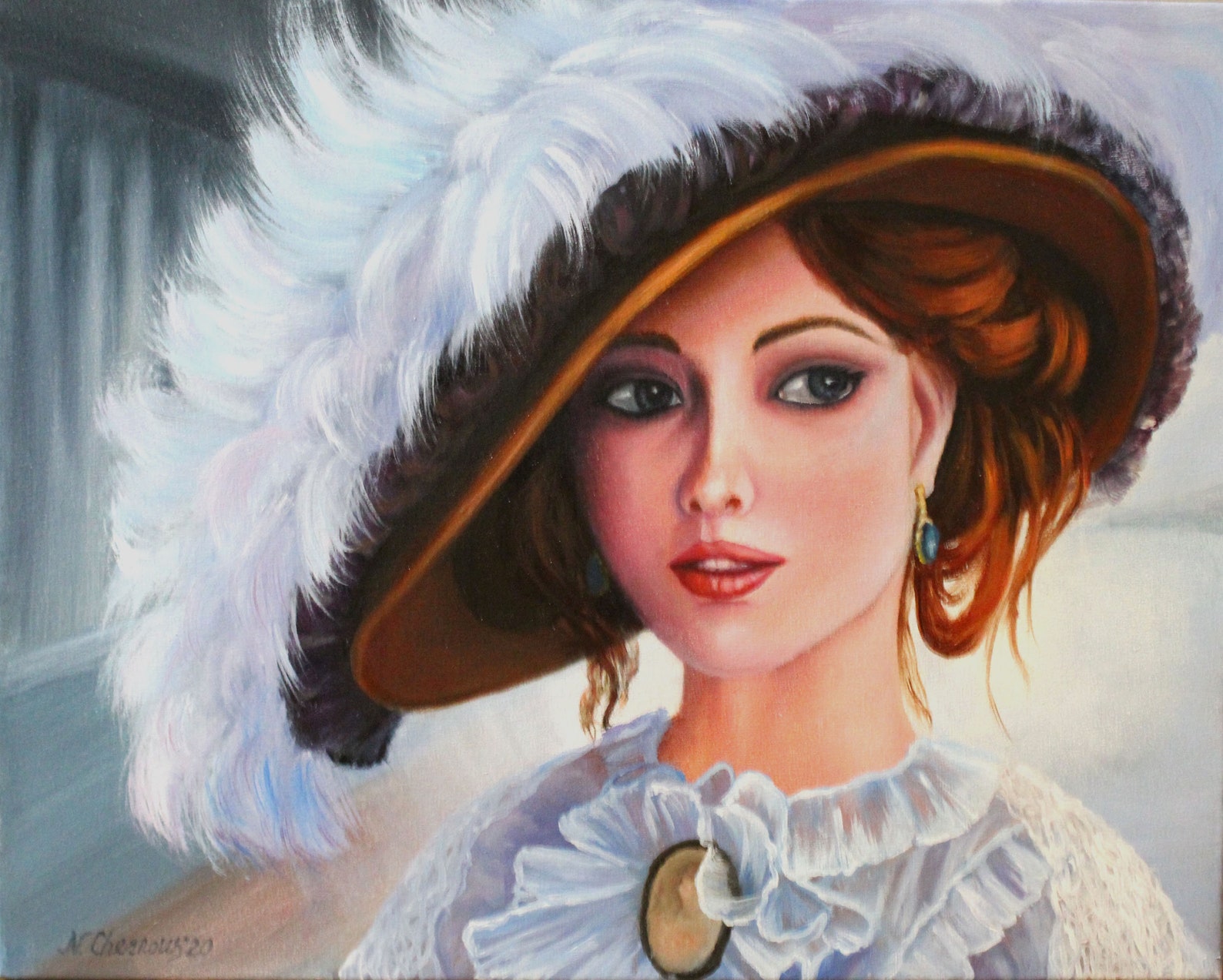 Lady in hat painting Young girl oil color painting decor Etsy