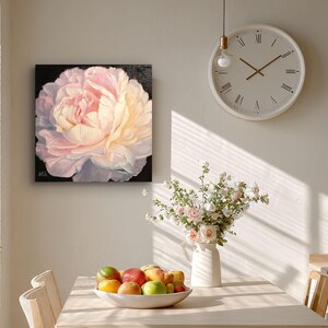 Peony oil painting. A close-up of a single, pale pink peony flower with a white center. The flower is painted in a realistic style with visible brushstrokes. The background is black.
