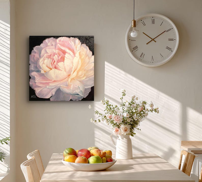 Peony oil painting. A close-up of a single, pale pink peony flower with a white center. The flower is painted in a realistic style with visible brushstrokes. The background is black.