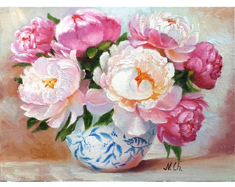 Peony Painting Floral Original Art Flower Oil Artwork Pink Peonies In Vase Wall Decor