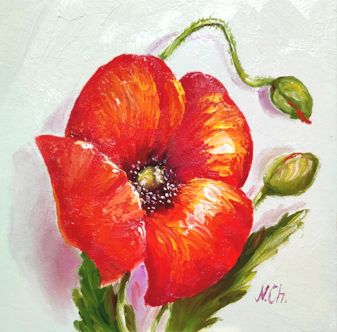 Poppy Painting Floral Original Art Red Flower Oil Artwork California ...
