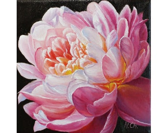 Peony Painting Floral Original Art Pink Flower Wall Art Oil Artwork Black Canvas 8x8 inches