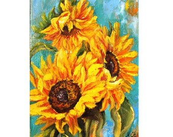 Sunflower Painting Floral Original Art Flower Wall Art Oil Painting Yellow Artwork 9x7" by N.Chernous