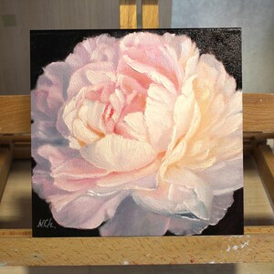 Peony oil painting. A close-up of a single, pale pink peony flower with a white center. The flower is painted in a realistic style with visible brushstrokes. The background is black.