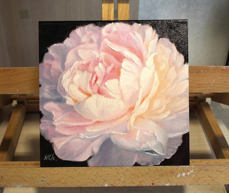 Peony oil painting. A close-up of a single, pale pink peony flower with a white center. The flower is painted in a realistic style with visible brushstrokes. The background is black.
