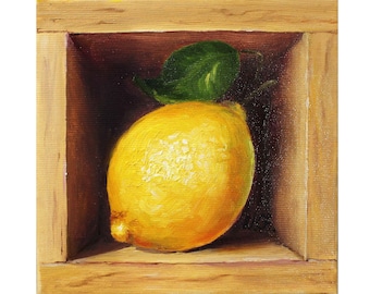 Lemon Painting Kitchen Original Art Fruit Oil Artwork Small Canvas (6x6 inch)