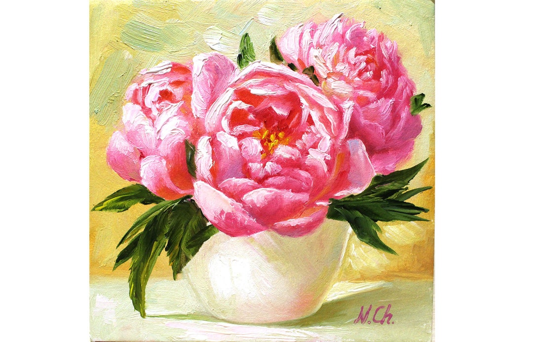 Peony Painting Floral Original Art Flower Oil Artwork Pink Small Wall ...