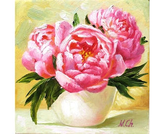 Peony Painting Floral Oil Original Art Pink Flower Small Artwork Textured Romantic Decor
